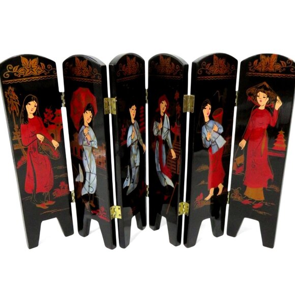 Other - Geisha Mini FOLDING SCREEN Black Lacquer 6 Panel Asian Women Vintage
